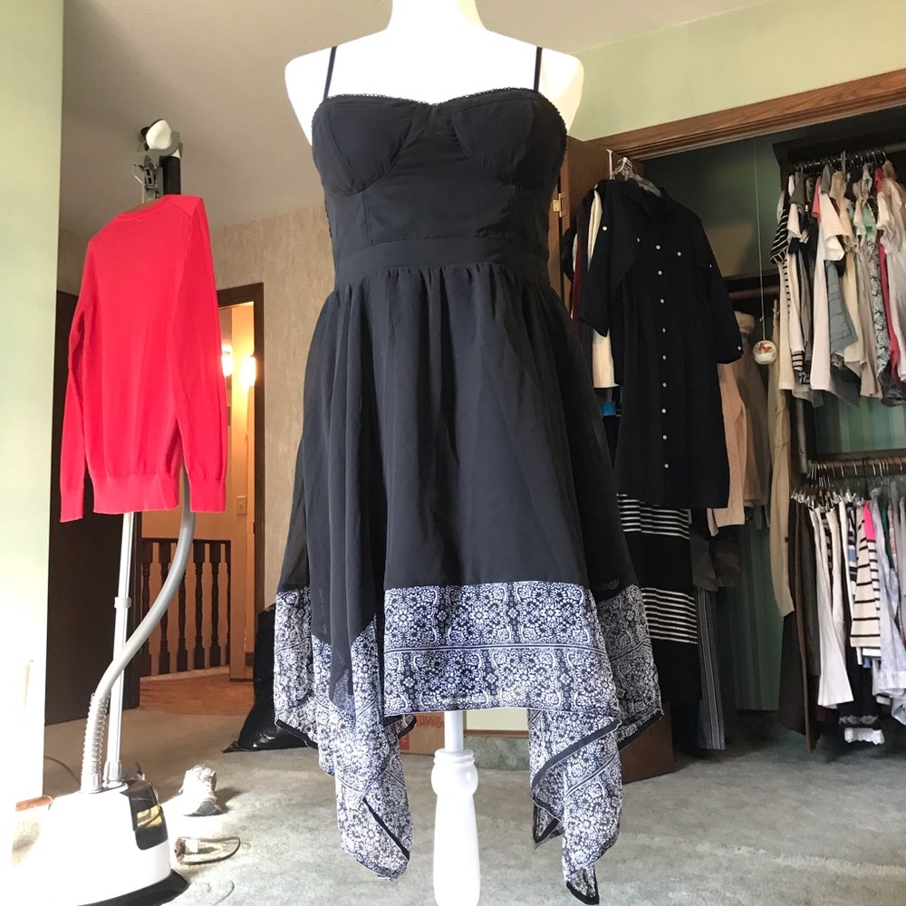 Black Smocked Asymmetrical Hem Dress, Fitted Bodice, Spaghetti Straps